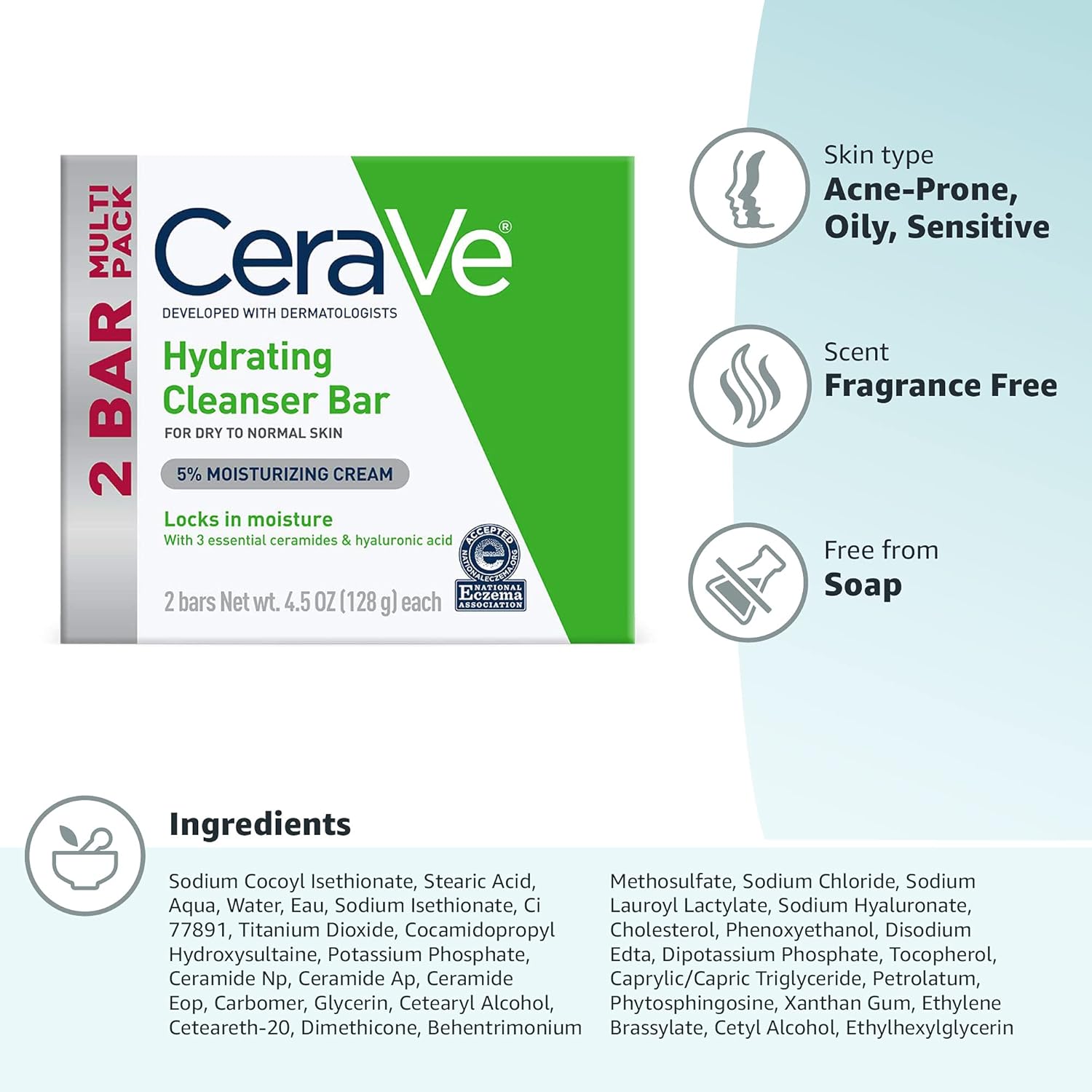 CeraVe Hydrating Cleanser Bar, Soap-Free Body and Facial Cleanser with 5% Moisturizing Cream, Fragrance-Free, 3-Pack, 4.5 Ounce Each