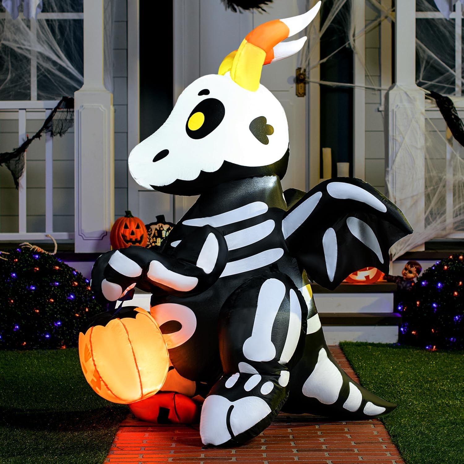 Joiedomi 5 FT Halloween Inflatables Skeleton Decor Outdoor, Blow Up Decorations Sitting Skeleton Unicorn with LEDs for Halloween Decorations Outside, Yard Decor