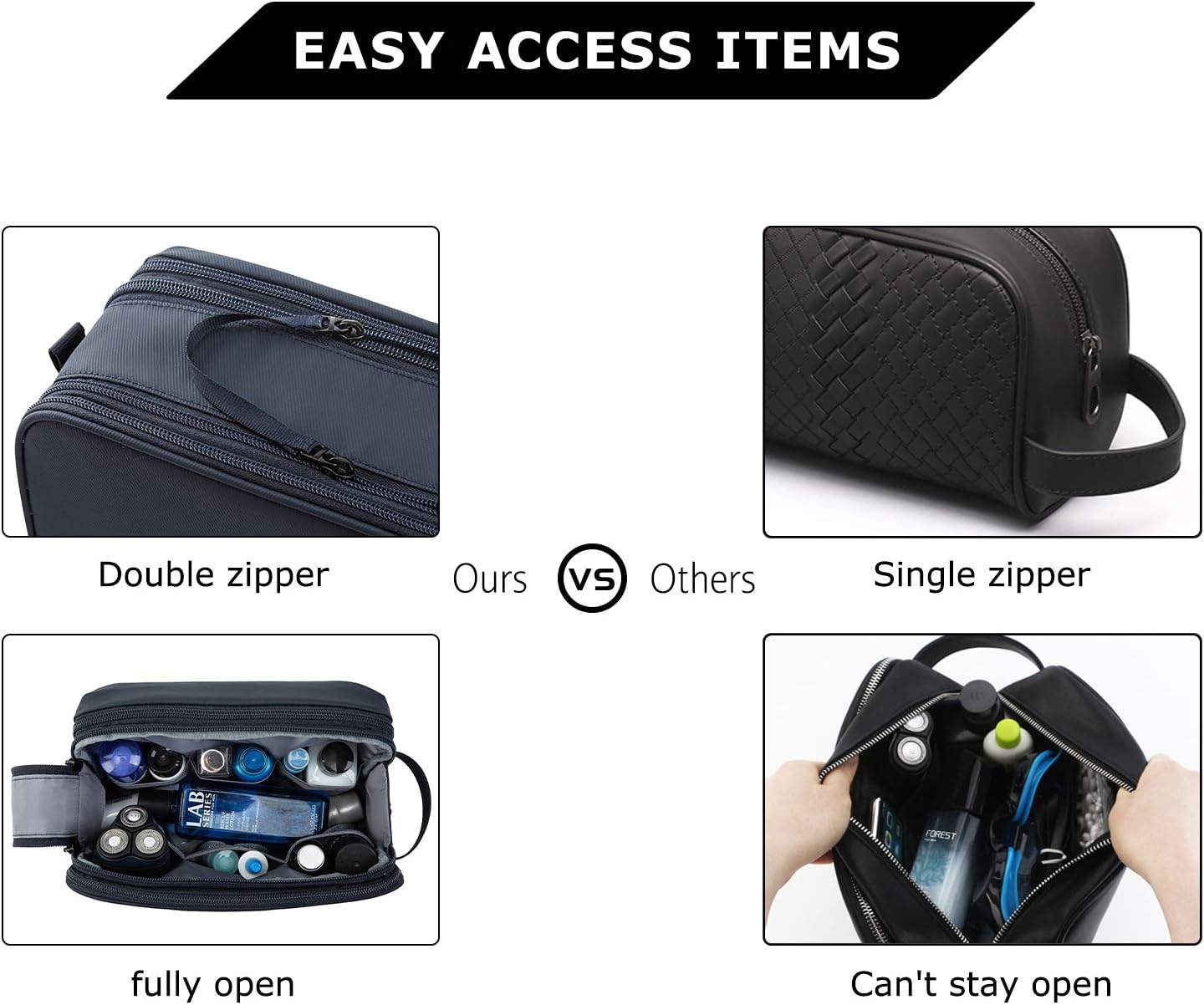 BAGSMART Toiletry Bag for Men, Travel Toiletry Organizer Dopp Kit Water-resistant Shaving Bag for Toiletries Accessories, Door Room Essentials, Black-medium