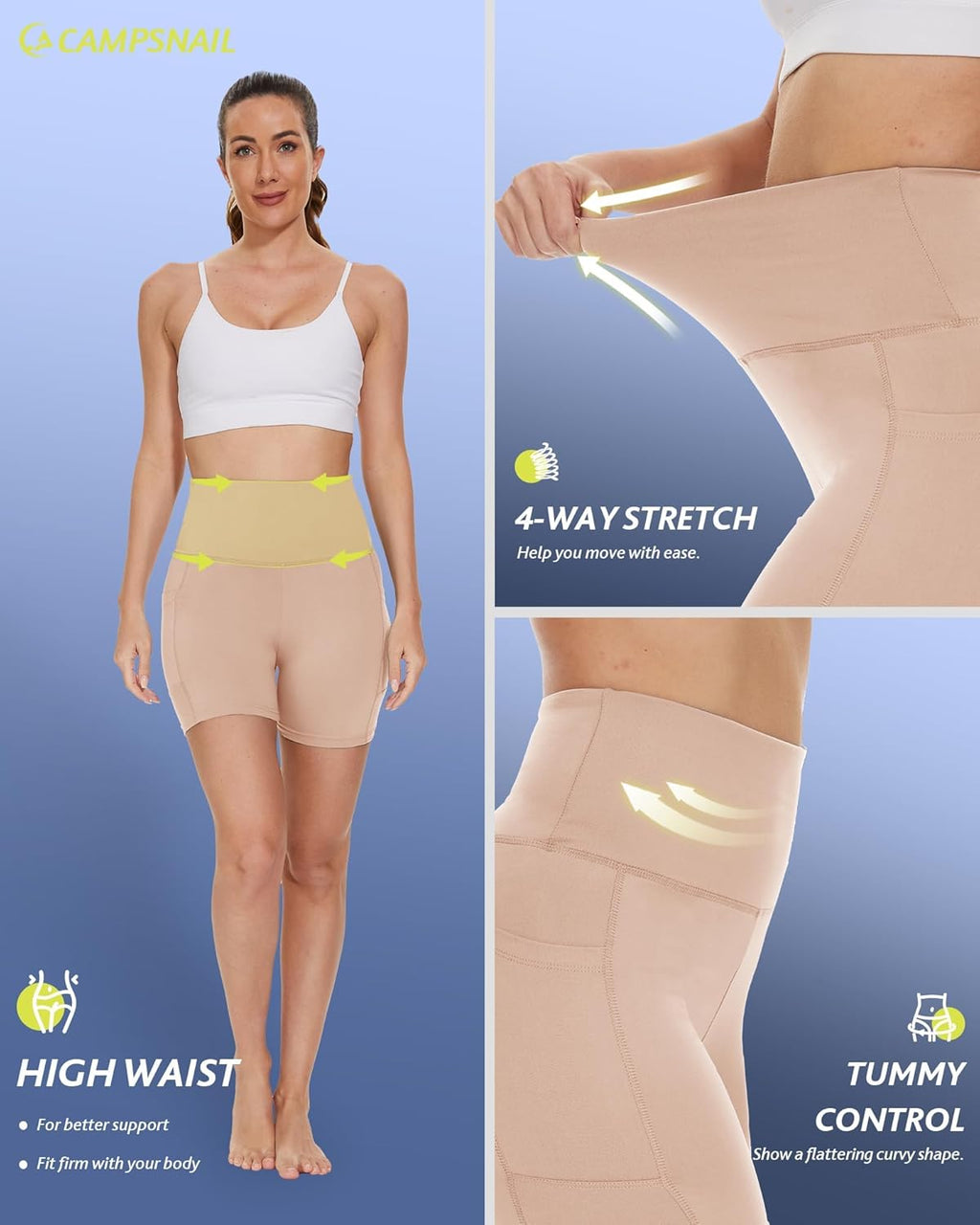 CAMPSNAIL Biker Shorts Women with Pockets - 3"/5"/8" High Waisted Workout Spandex Tummy Control Gym Running Yoga Shorts