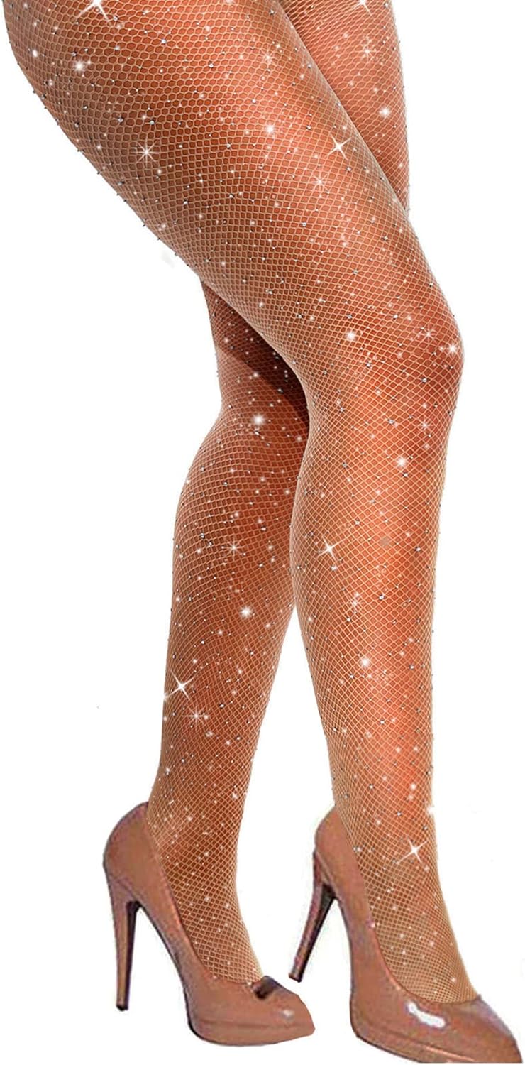 VEBZIN Sexy Sparkly Fishnets Stockings Jeweled High Waist Fishnet Tights for Women Rhinestone Party Pantyhose