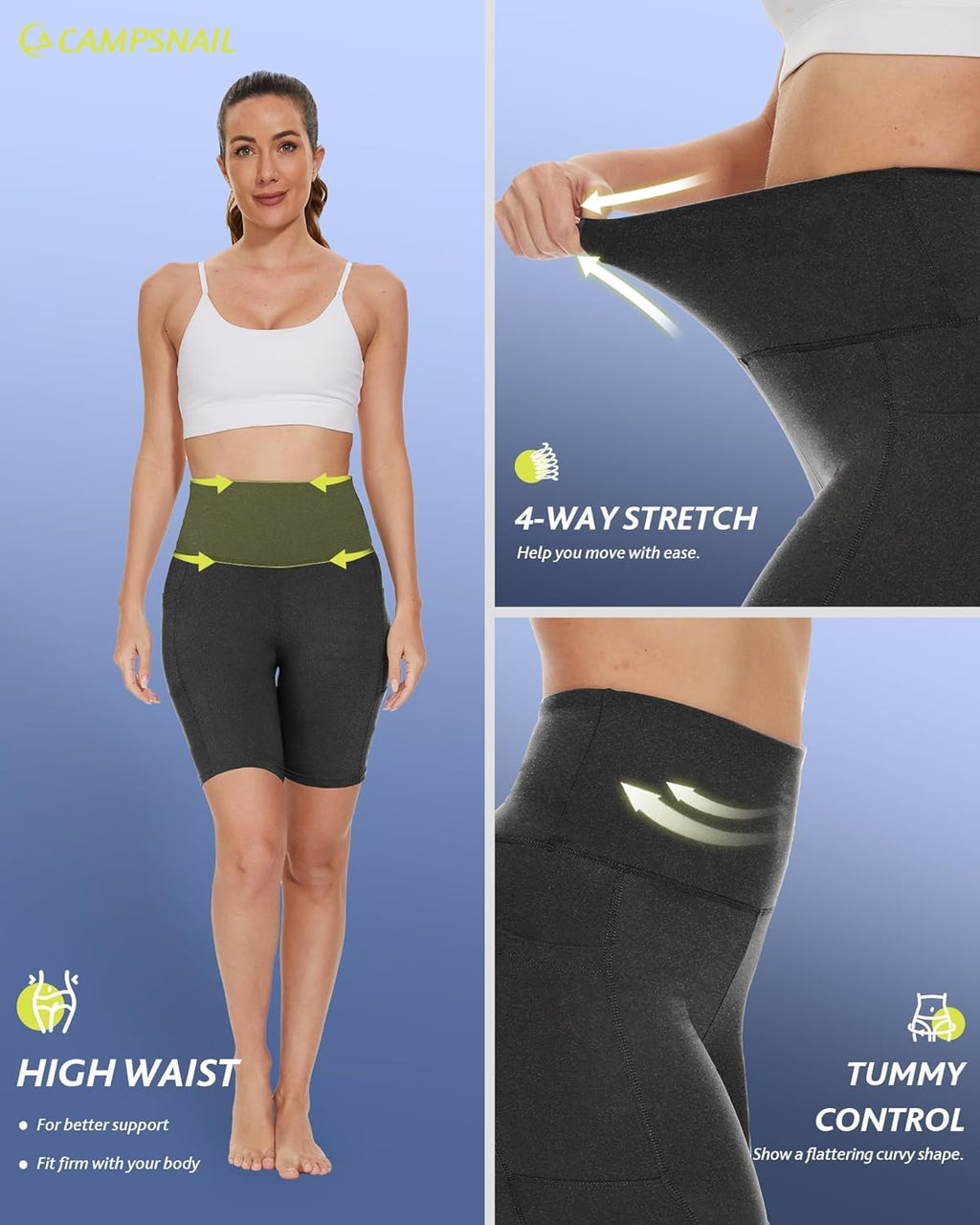 CAMPSNAIL Biker Shorts Women with Pockets - 3"/5"/8" High Waisted Workout Spandex Tummy Control Gym Running Yoga Shorts