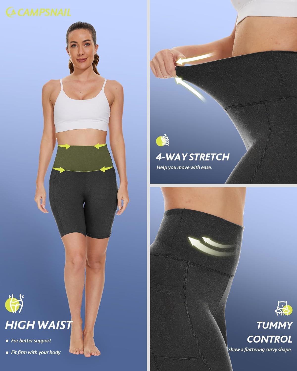 CAMPSNAIL Biker Shorts Women with Pockets - 3"/5"/8" High Waisted Workout Spandex Tummy Control Gym Running Yoga Shorts