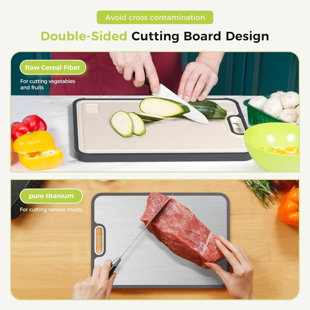Titanium Cutting Board for Kitchen, Cutting Board Double Sided, Pure Titanium and Wheat Straw PP, Food Grade, Easy to Clean Large Size 16”×11”