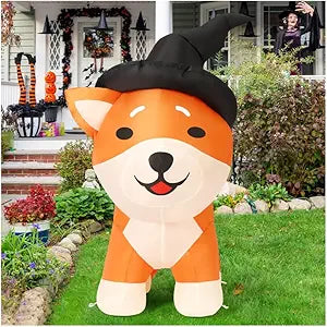 COMIN 4 FT Halloween Inflatables Dog Outdoor Decorations Blow Up Yard Wizard Shiba Inu Dog with Built-in LEDs for Indoor Party Garden Lawn Decor