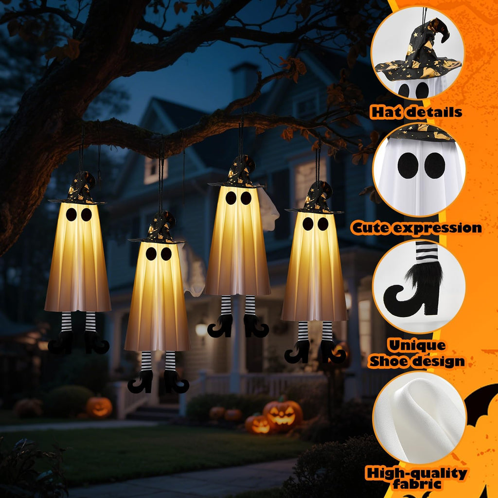 Halloween Decorations Outdoor Indoor, 4pcs Hanging Ghost Decor with Light, Spooky Swinging Witch Hat Ghosts for Halloween Decor, Perfect for Yard, Patio, Garden, Tree (Includes 24 Batteries)