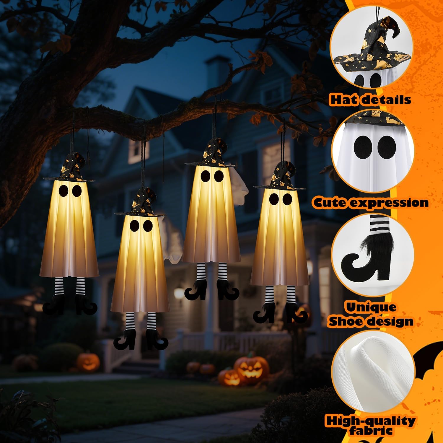 Halloween Decorations Outdoor Indoor, 4pcs Hanging Ghost Decor with Light, Spooky Swinging Witch Hat Ghosts for Halloween Decor, Perfect for Yard, Patio, Garden, Tree (Includes 24 Batteries)