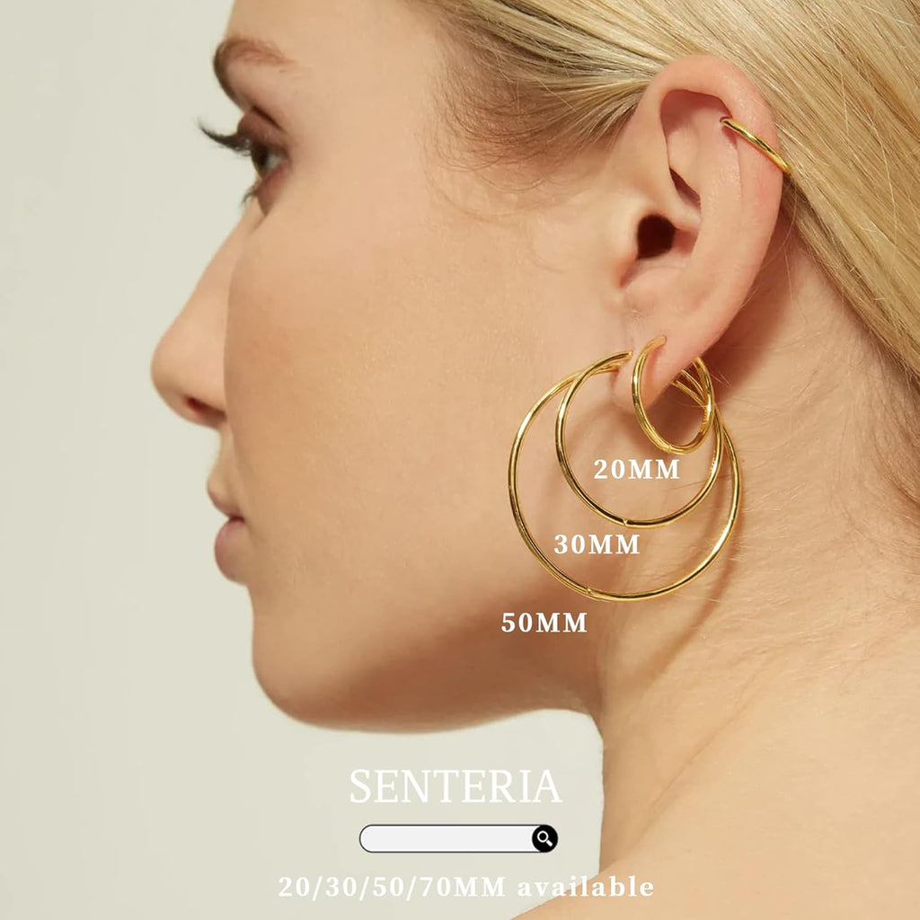 Senteria 2mm Wide 925 Sterling Silver Hoop Earrings for Women Hypoallergenic Lightweight Thin Large Big Gold Plated Hoops Earrings for Women 20/30/50/70MM