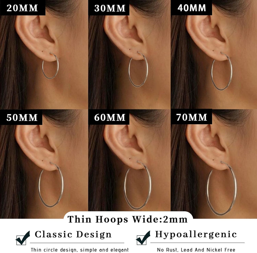 Senteria 2mm Wide 925 Sterling Silver Hoop Earrings for Women Hypoallergenic Lightweight Thin Large Big Gold Plated Hoops Earrings for Women 20/30/50/70MM