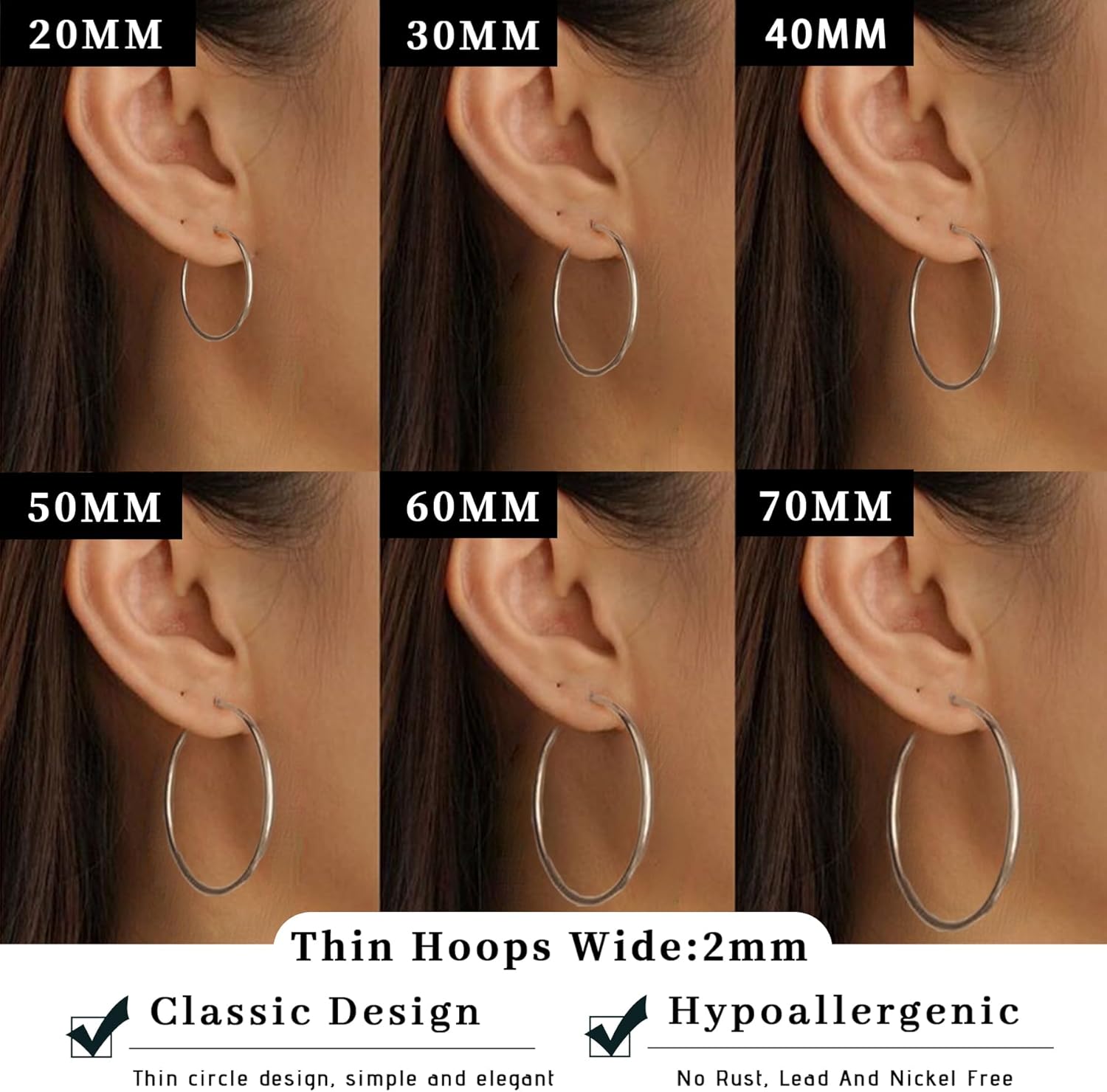 Senteria 2mm Wide 925 Sterling Silver Hoop Earrings for Women Hypoallergenic Lightweight Thin Large Big Gold Plated Hoops Earrings for Women 20/30/50/70MM