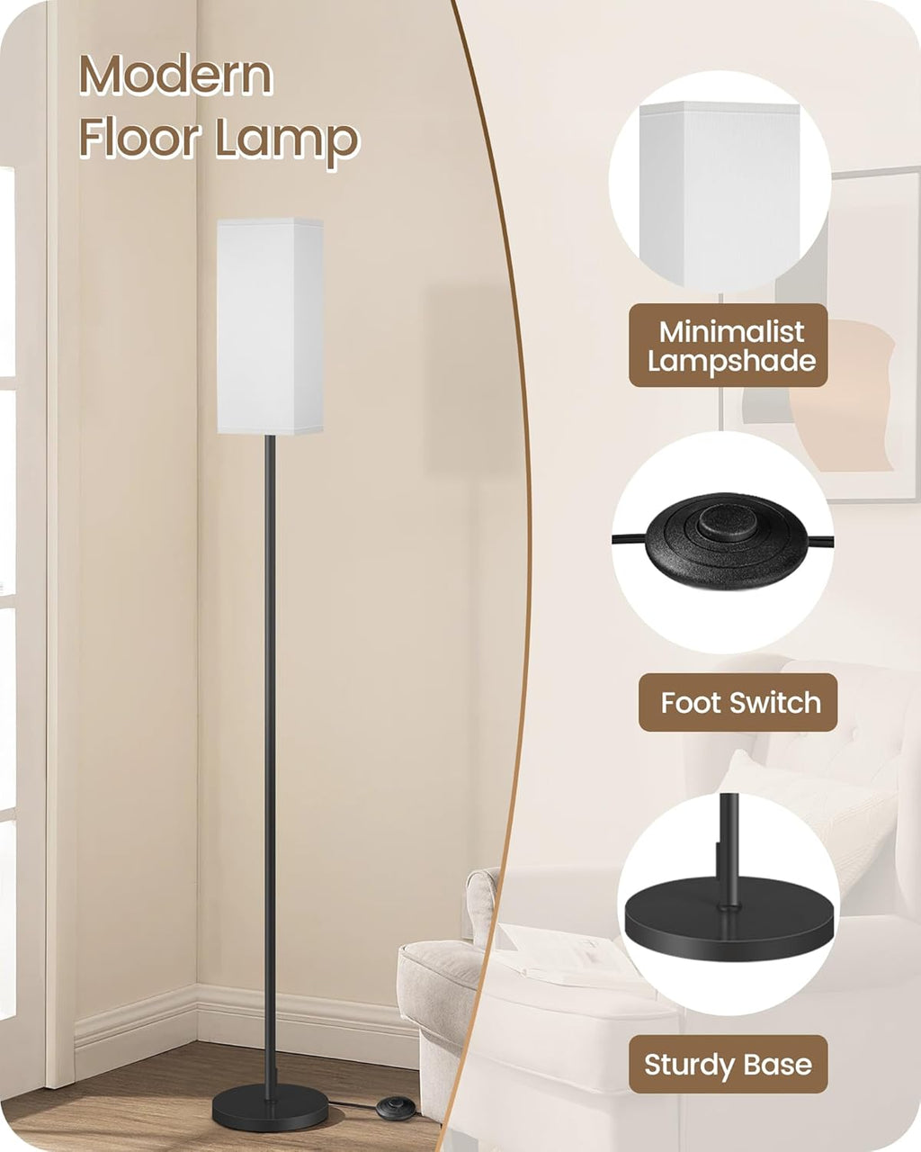 64.6" Floor Lamp, Pole with Foot Switch, Modern Standing Lamp Lampshade, Minimalist Freestanding Lamp (Bulb Not Included), for Living Room, Bedroom Office ETL Listed, Black and Beige E07LD05