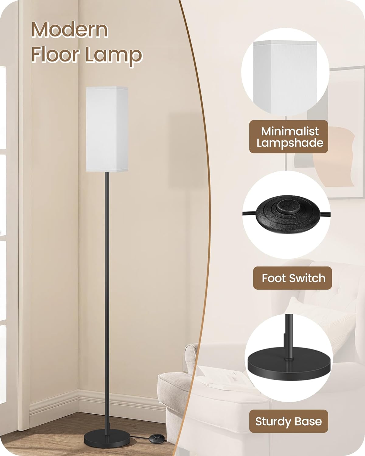 64.6" Floor Lamp, Pole with Foot Switch, Modern Standing Lamp Lampshade, Minimalist Freestanding Lamp (Bulb Not Included), for Living Room, Bedroom Office ETL Listed, Black and Beige E07LD05