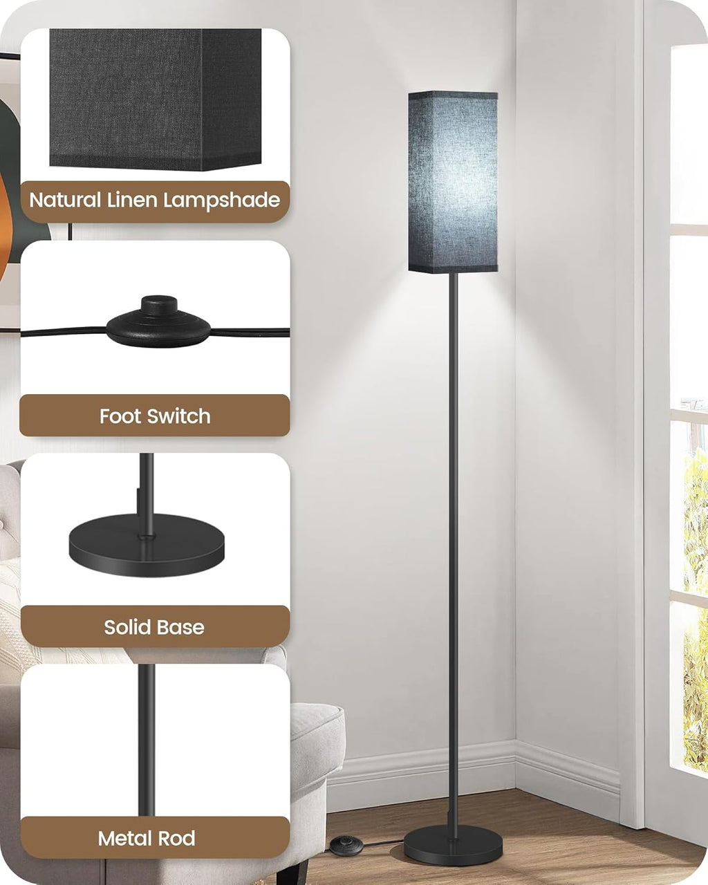 64.6" Floor Lamp, Pole with Foot Switch, Modern Standing Lamp Lampshade, Minimalist Freestanding Lamp (Bulb Not Included), for Living Room, Bedroom Office ETL Listed, Black and Beige E07LD05