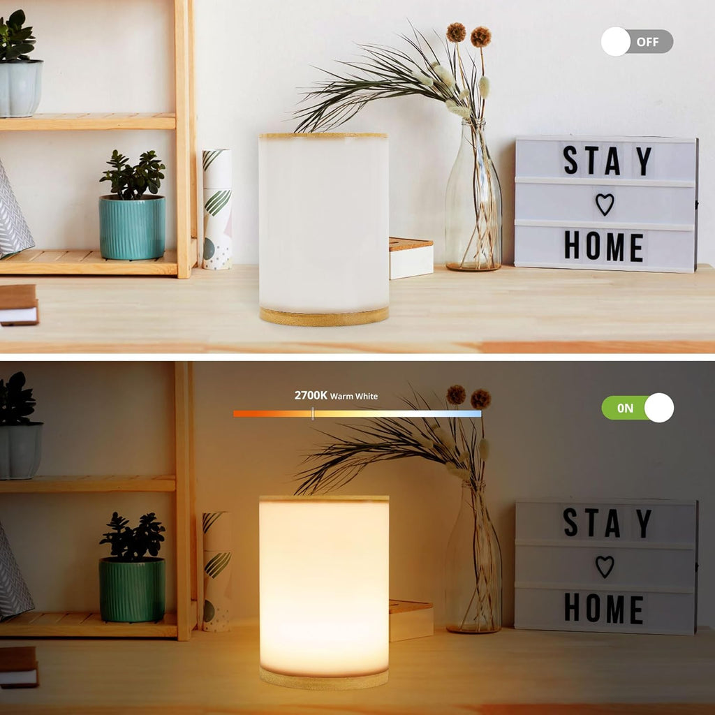 Small Bedside Table Lamp for Bedroom, Minimalist Wood Base & Round Fabric Shade, Mini Cute Cozy Warm White Nightstand Boho Lamp, Study Desk Night Stand Light for Room, Dorm, Nursery, Living Room