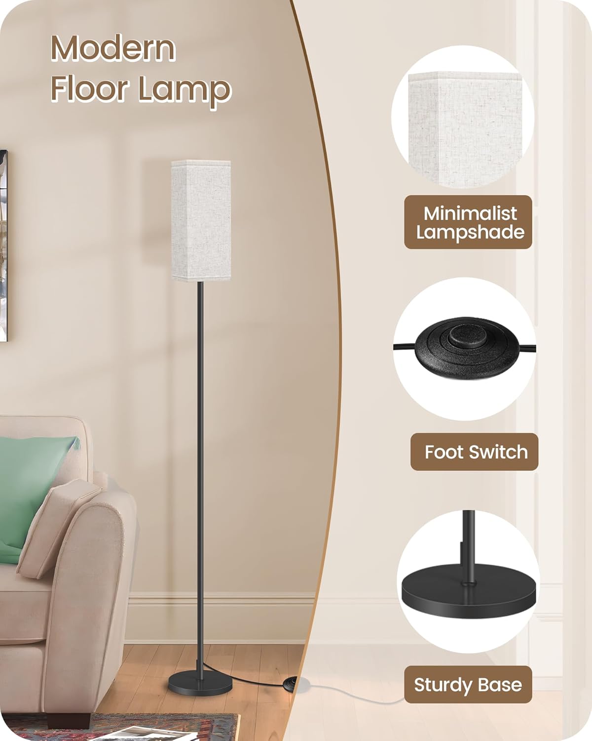64.6" Floor Lamp, Pole with Foot Switch, Modern Standing Lamp Lampshade, Minimalist Freestanding Lamp (Bulb Not Included), for Living Room, Bedroom Office ETL Listed, Black and Beige E07LD05