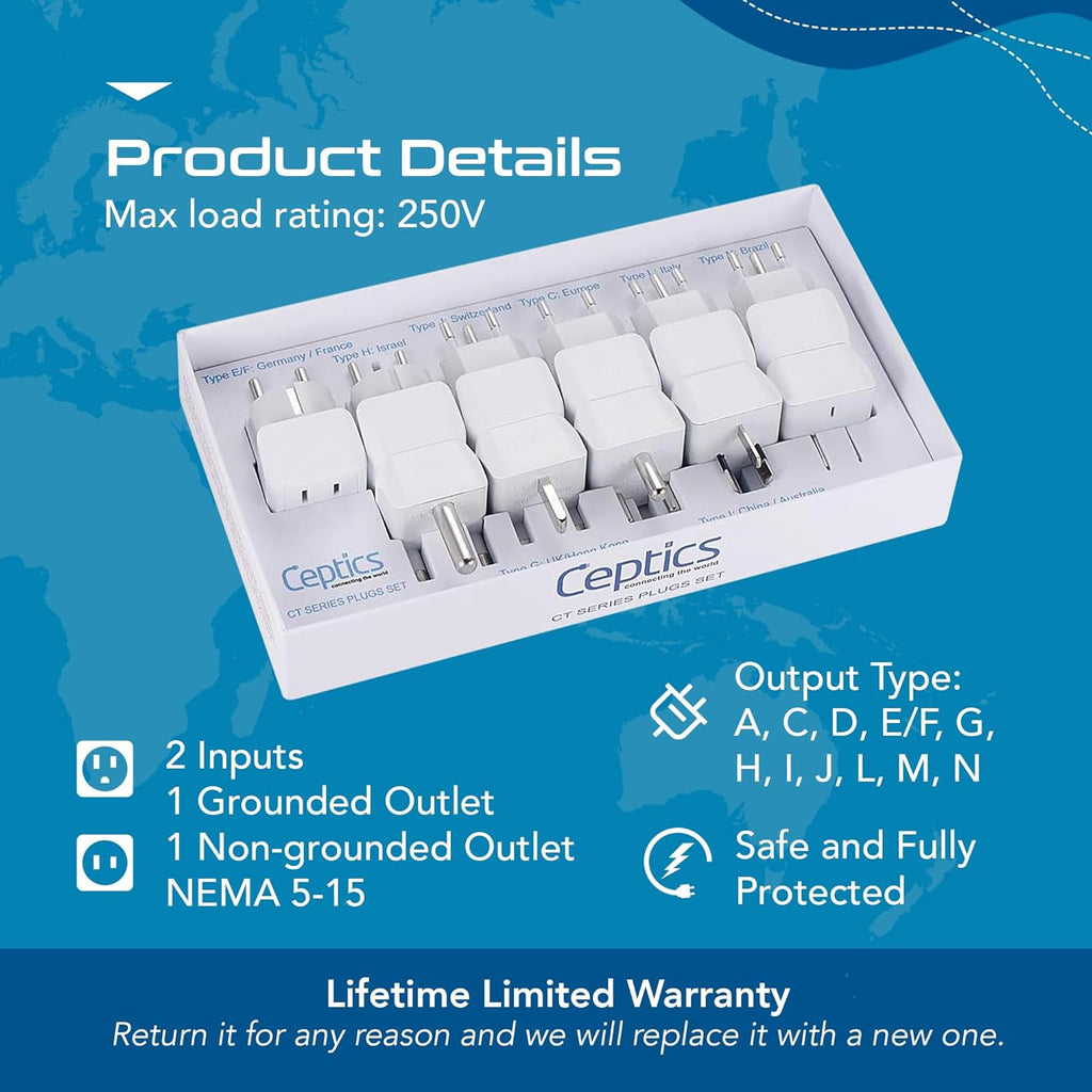 Ceptics Universal Travel Adapter, 35W International Power Adapter with PD & QC 3.0 Dual USB-C, 3 USB Travel Adapter Worldwide, Type I C G A Outlets 110V 220V A/C - EU Euro US UK (11-KU)