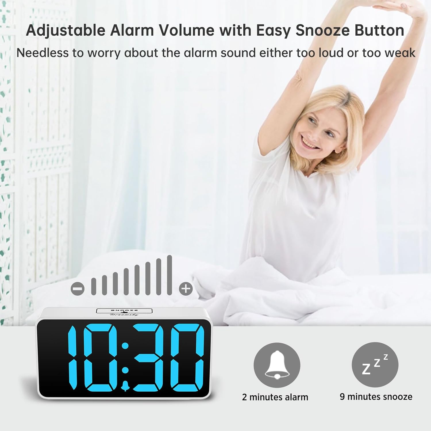 DreamSky Small Digital Alarm Clock for Bederoom, Large Big Numbers Display with Dimmer for Living Room, Electric Bedside Desk Clock with USB Charging Port, Adjustable Volume, USB-C Adapter Powered