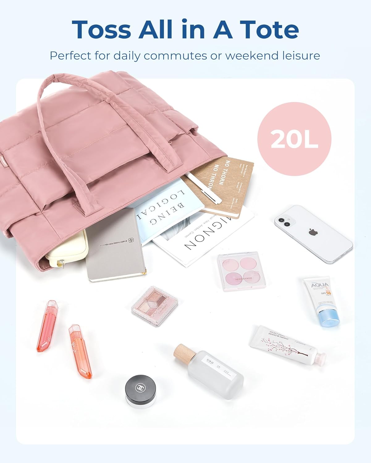 BAGSMART Tote Bag for Women, Lightweight Puffy Tote Bag with Compartments Shoulder Bag Handbag for Travel, Work, Gym