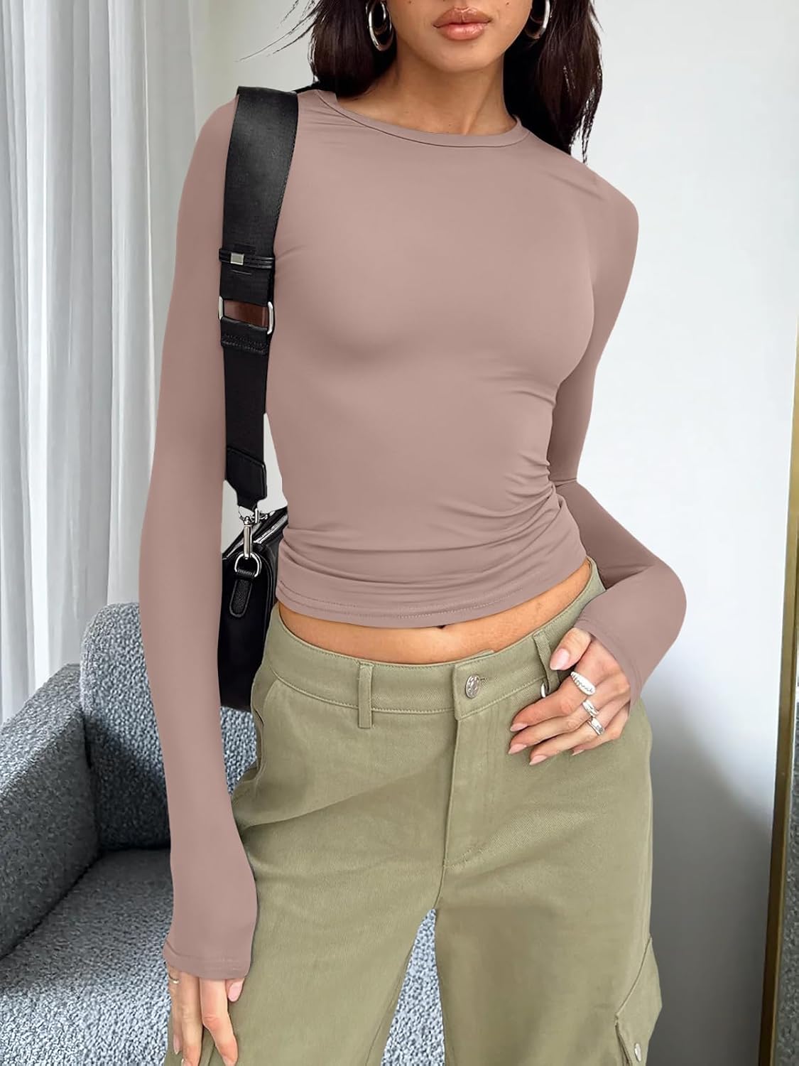 Trendy Queen Womens Long Sleeve T Shirts Fall Fashion 2025 Basic Crop Tops Going Out Outfits Y2k Clothes