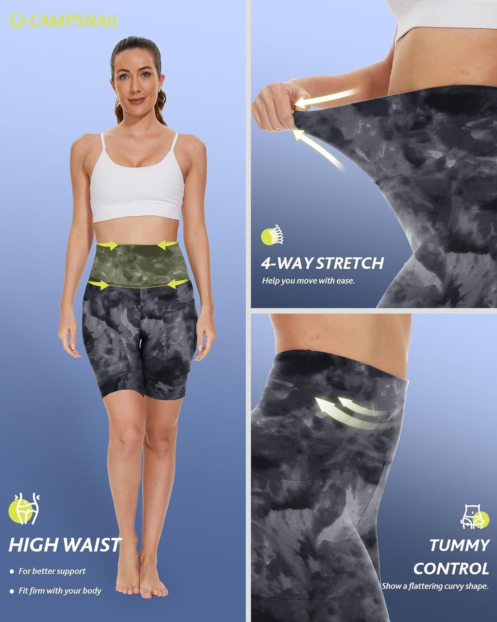 CAMPSNAIL Biker Shorts Women with Pockets - 3"/5"/8" High Waisted Workout Spandex Tummy Control Gym Running Yoga Shorts