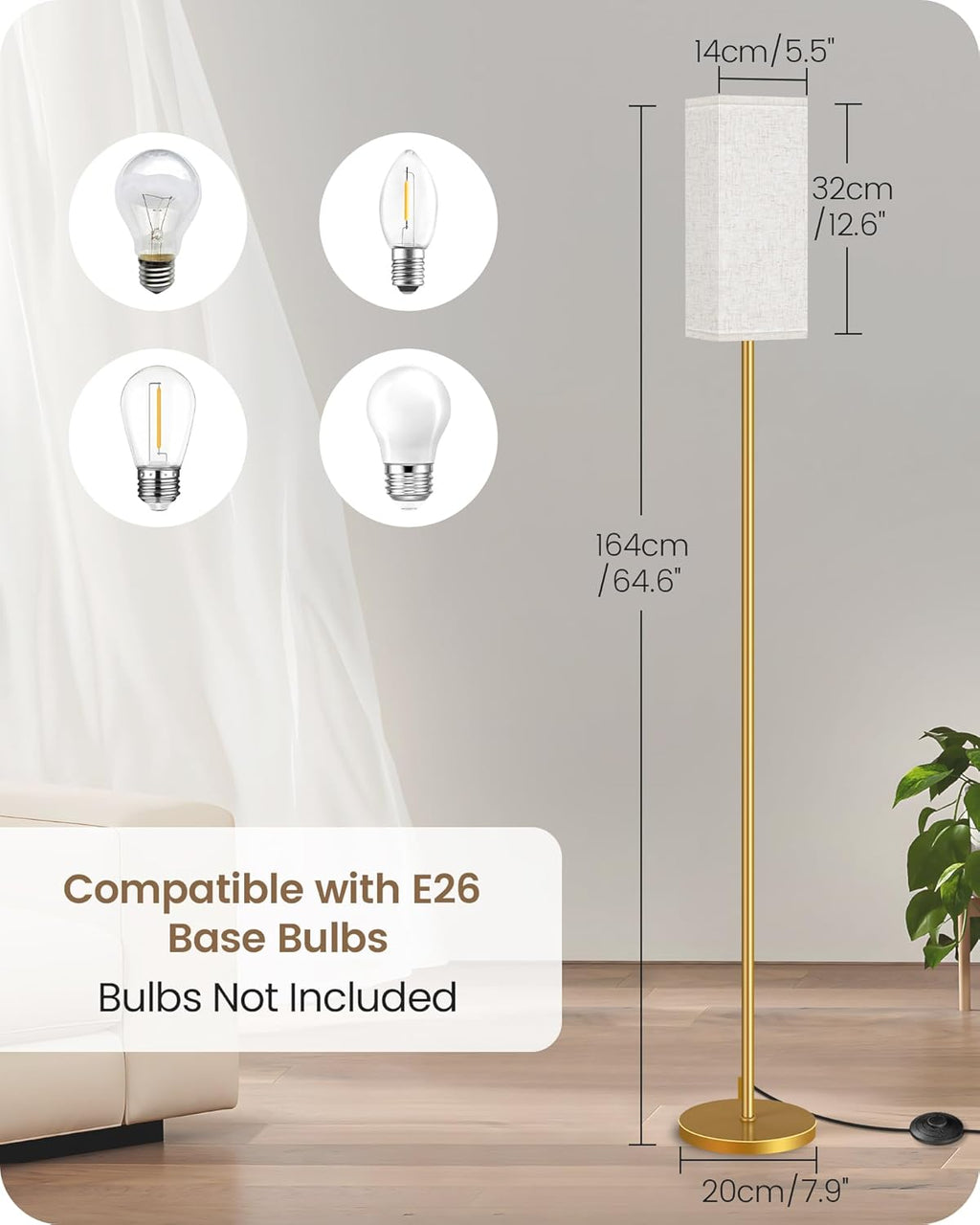 64.6" Floor Lamp, Pole with Foot Switch, Modern Standing Lamp Lampshade, Minimalist Freestanding Lamp (Bulb Not Included), for Living Room, Bedroom Office ETL Listed, Black and Beige E07LD05
