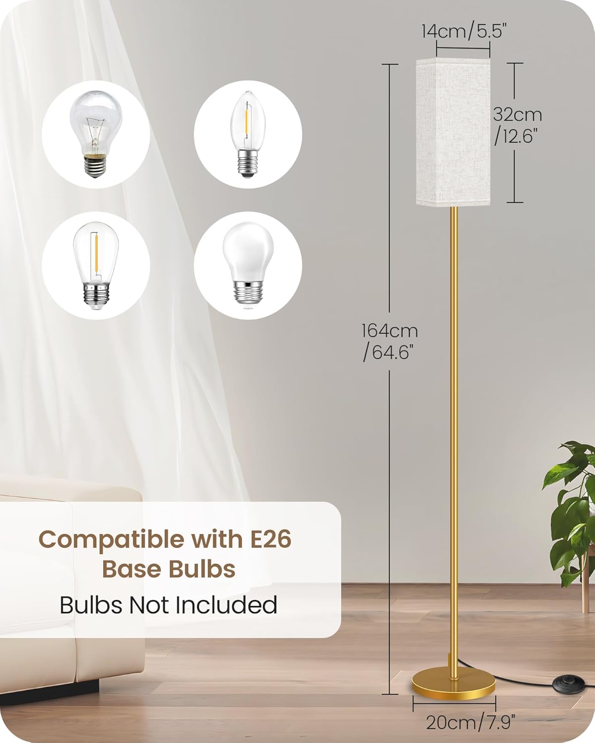 64.6" Floor Lamp, Pole with Foot Switch, Modern Standing Lamp Lampshade, Minimalist Freestanding Lamp (Bulb Not Included), for Living Room, Bedroom Office ETL Listed, Black and Beige E07LD05