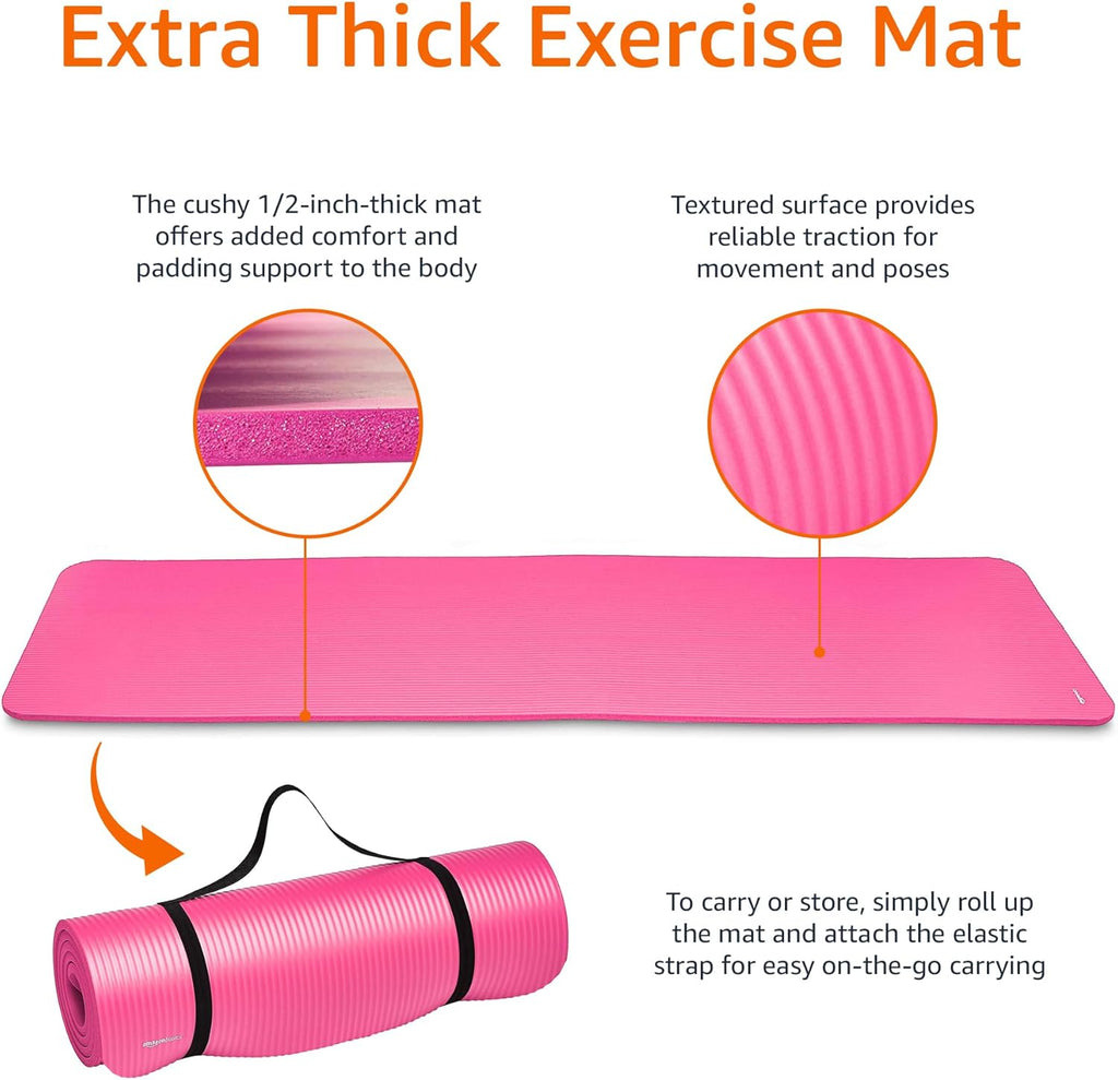 Basics 1/2 Inch Extra Thick Exercise Yoga Mat with Carrying Strap, Cushioned Support, for Fitness and Gym Workouts