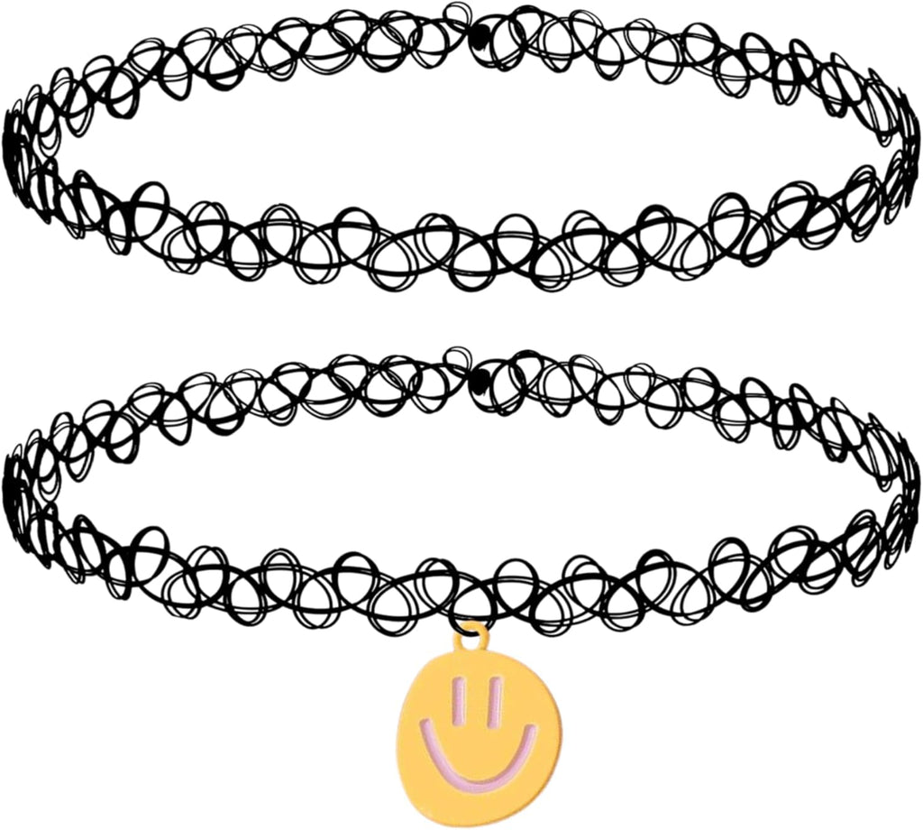 BodyJ4You 2PC Tattoo Choker Necklace - 90s Choker Necklace Women - 2000s Y2K Black Chokers Rainbow Choker - Butterfly Ying Yang Unicorn Rainbow Charms - Stretchy Elastic Necklace