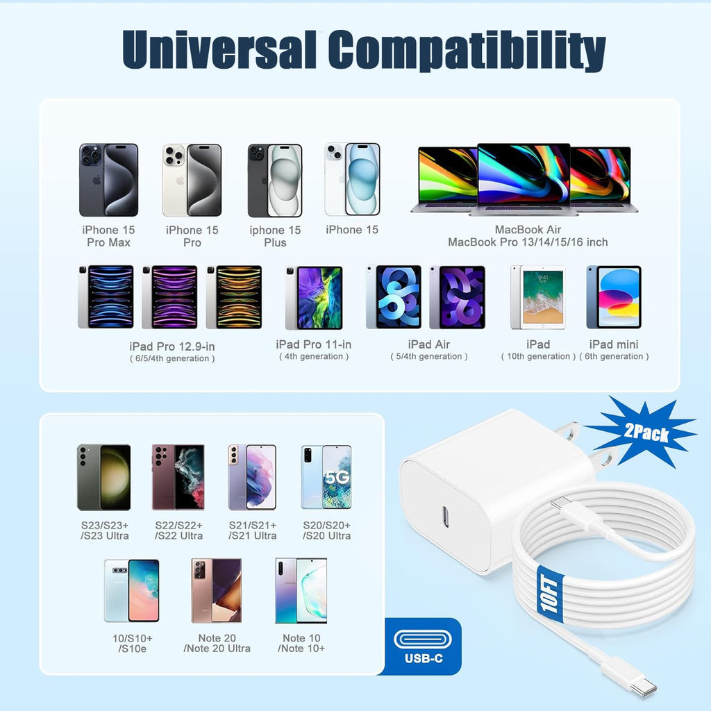 Fast iPhone Charger, iPhone Charger Fast Charging 2Pack Quick Chargers 6ft Long USB C to Lightning Cable Quick Charging Cord USB Charge Block Adapter for iPhone 14 Plus/14 ProMax/13 Mini 12/11/XS/iPad