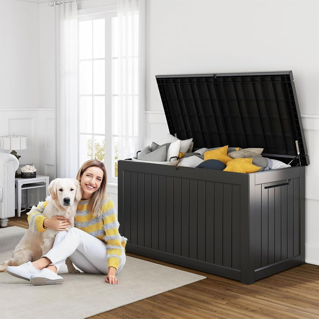 80 Gallon Resin Deck Box, Lockable Patio Outdoor Storage Box for Furniture, Garden Tools and Tools Storage, Waterproof Outside Storage Box - Black
