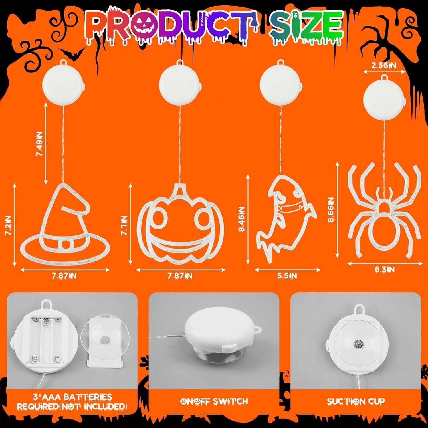 4 Pack Halloween Decorations, Orange Pumpkin, White Ghost, Purple Witch Hat, Green Spider Lights, Battery Operated Halloween Window Lights with Suction Cup and Timer for Decor