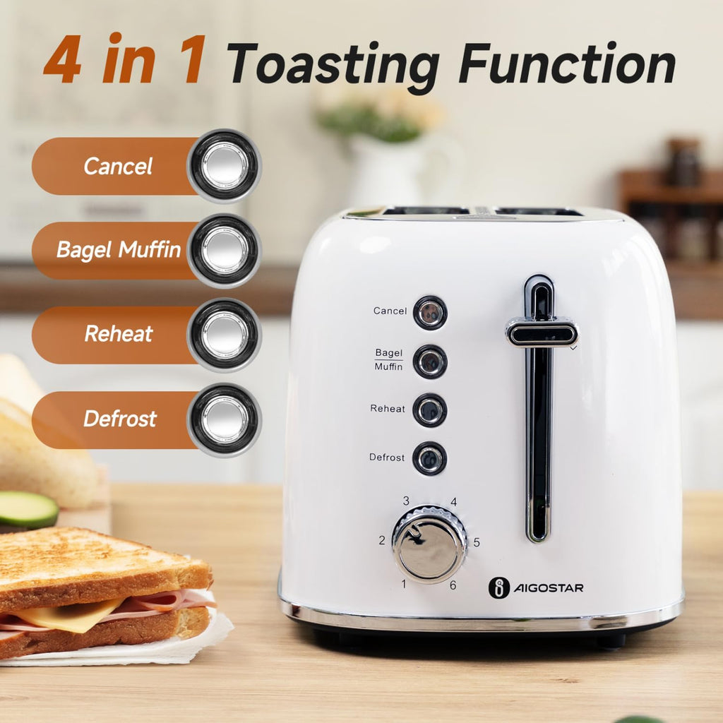 Aigostar Toaster 2 Slice, Retro Extra-Wide Slot Toasters Best Rated Prime for Toasting Bagels, Breads, Waffles & More, Cancel, Defrost & 6 Browning, Removable Crumb Tray, Stainless Steel, Cream White
