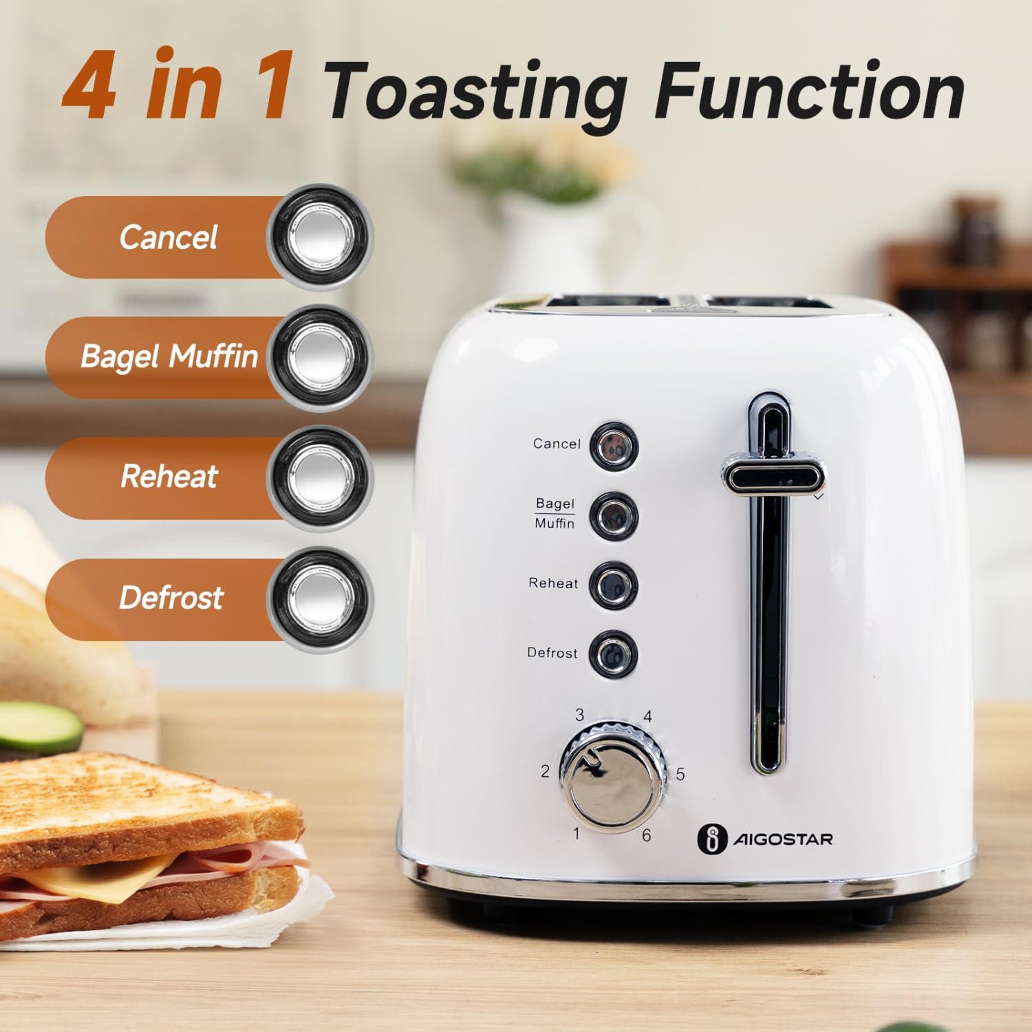 Aigostar Toaster 2 Slice, Retro Extra-Wide Slot Toasters Best Rated Prime for Toasting Bagels, Breads, Waffles & More, Cancel, Defrost & 6 Browning, Removable Crumb Tray, Stainless Steel, Cream White