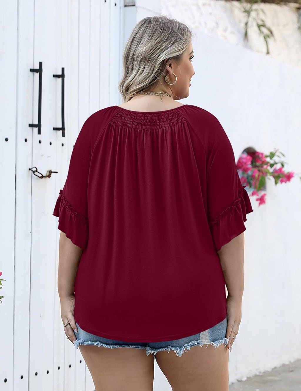 Micoson Womens Plus Size Tops 3/4 Ruffle Sleeve Shirts Crewneck Pleated Blouses Dressy Casual Fashion Tunic Top (1X-5X)