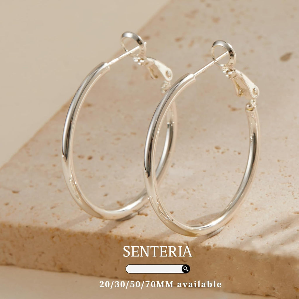 Senteria 2mm Wide 925 Sterling Silver Hoop Earrings for Women Hypoallergenic Lightweight Thin Large Big Gold Plated Hoops Earrings for Women 20/30/50/70MM