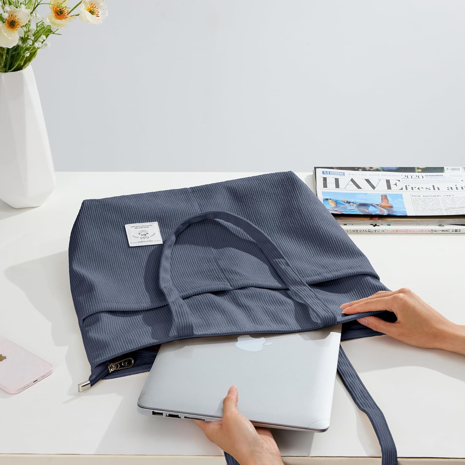 KALIDI Women Corduroy Tote Bag Zipper Casual Tote's Handbag Big Capacity Shoulder Bag with Pockets