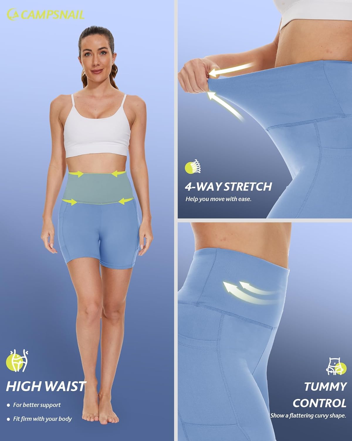 CAMPSNAIL Biker Shorts Women with Pockets - 3"/5"/8" High Waisted Workout Spandex Tummy Control Gym Running Yoga Shorts