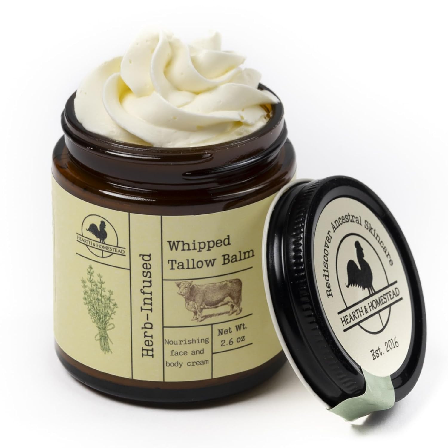 Hearth and Homestead: Handmade Whipped Tallow Balm (Unscented/Herb-Infused) - Organic Body Butter with Infused Olive Oil, for Eczema, Rosacea, Baby - 1.3 oz