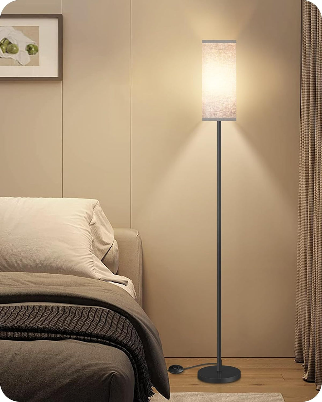 64.6" Floor Lamp, Pole with Foot Switch, Modern Standing Lamp Lampshade, Minimalist Freestanding Lamp (Bulb Not Included), for Living Room, Bedroom Office ETL Listed, Black and Beige E07LD05