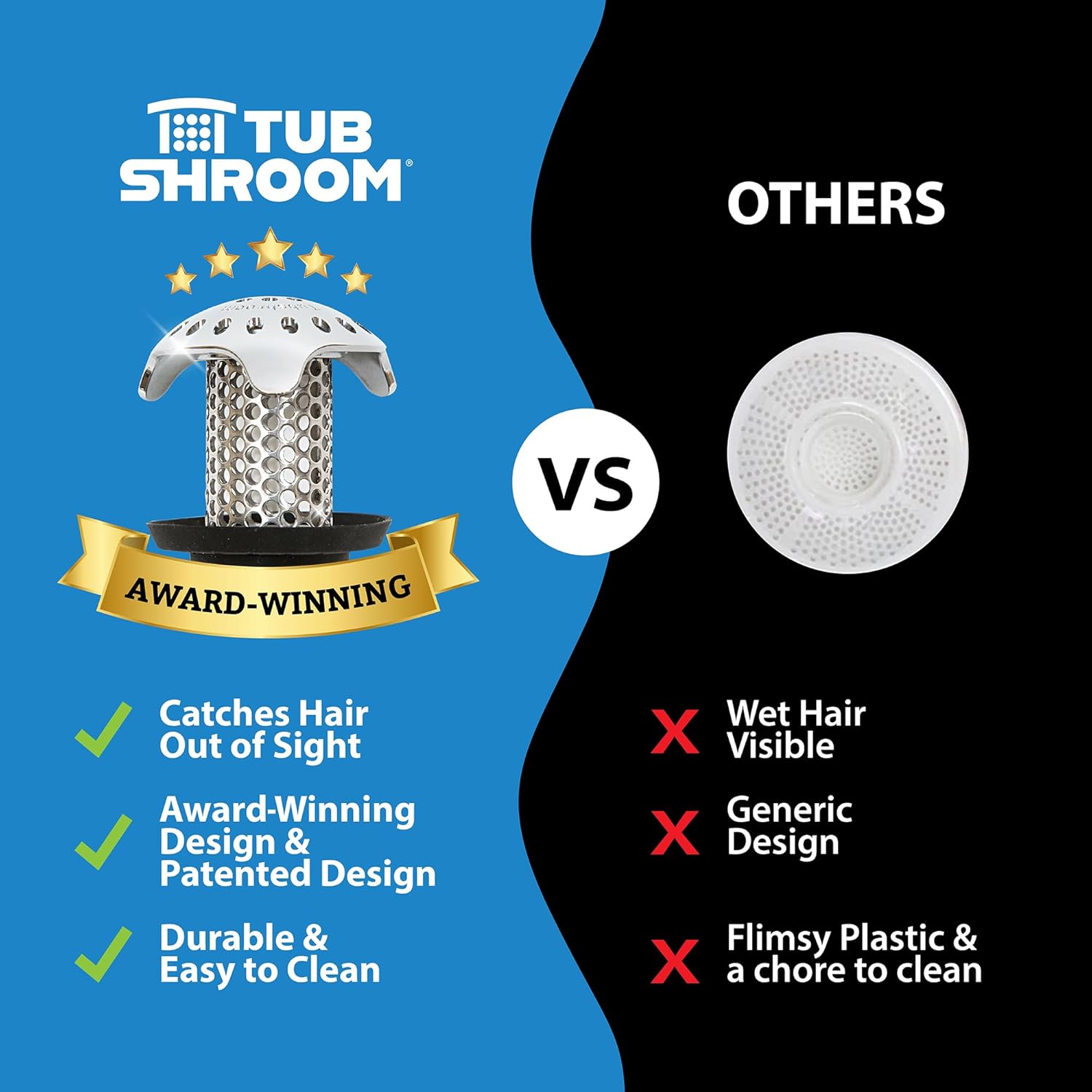 TubShroom Ultra Revolutionary Bath Tub Drain Protector Hair Catcher/Strainer/Snare, Stainless Steel, Stainless Combo