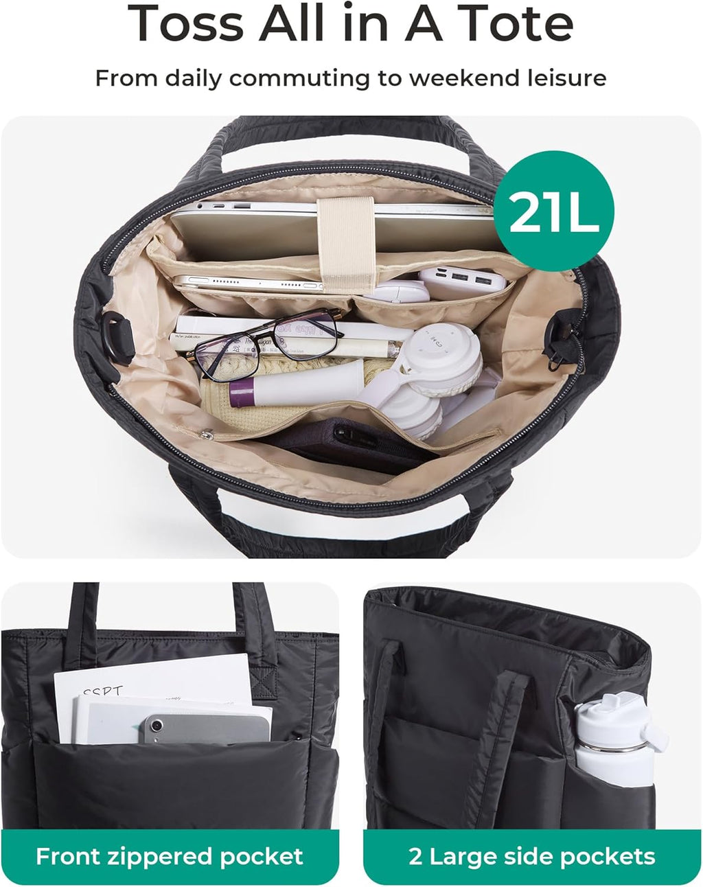 BAGSMART Tote Bag for Women, Lightweight Puffy Tote Bag with Compartments Shoulder Bag Handbag for Travel, Work, Gym
