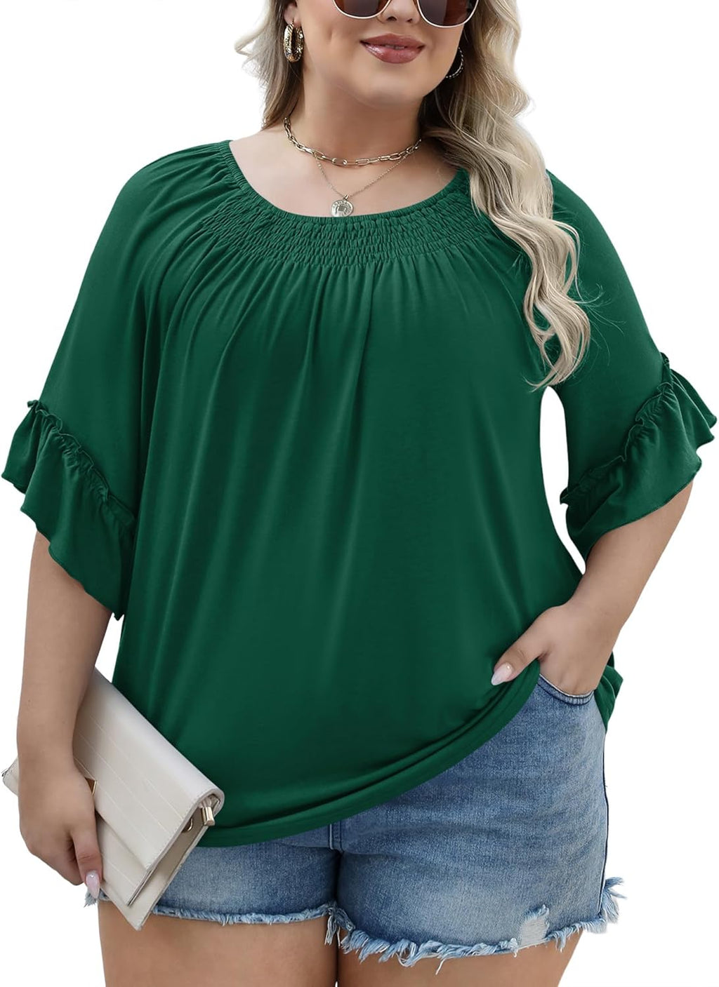 Micoson Womens Plus Size Tops 3/4 Ruffle Sleeve Shirts Crewneck Pleated Blouses Dressy Casual Fashion Tunic Top (1X-5X)