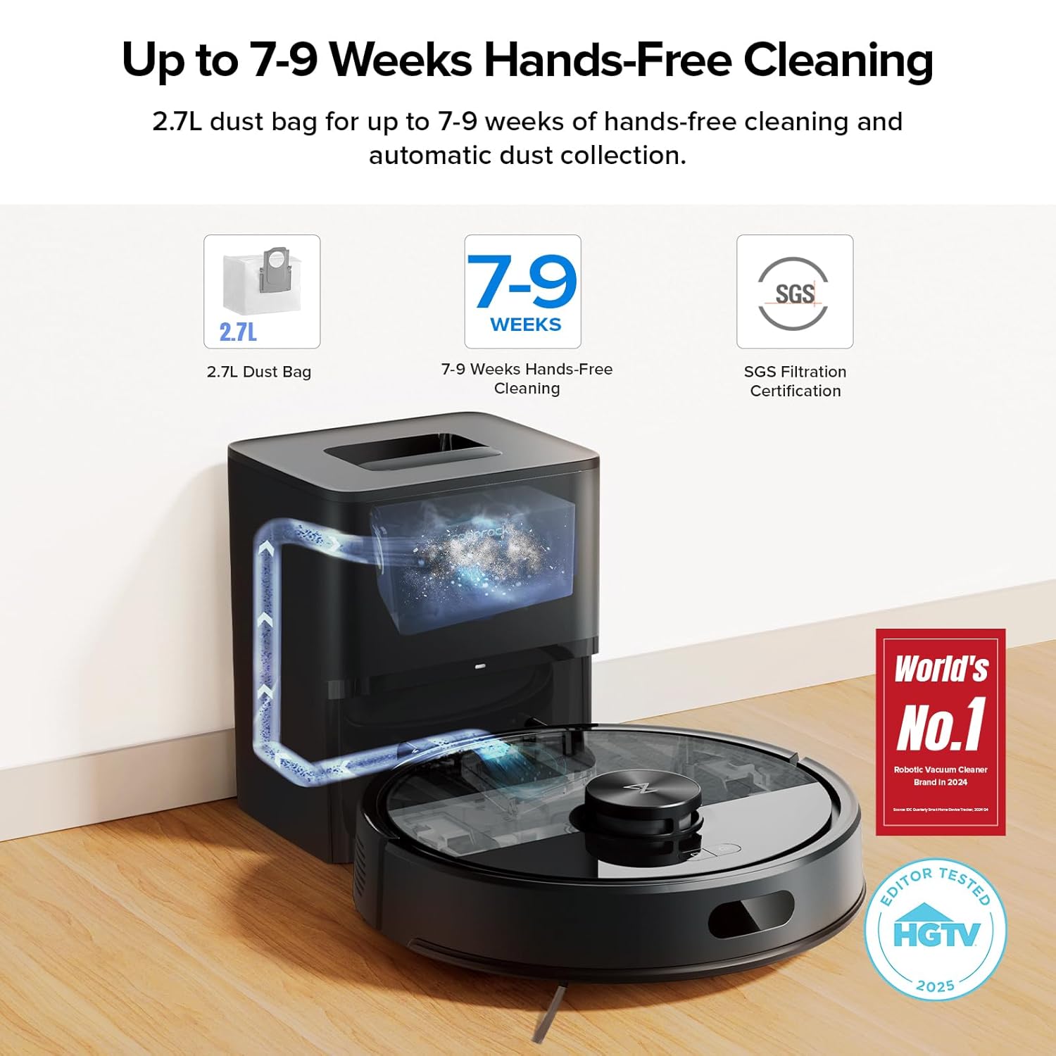 roborock Q7 M5+ Robot Vacuum and Mop, Upgraded from Q5 Max+, Up to 7-9 Weeks Self-Empty, 10000Pa Suction, Dual Anti-Tangle System for Pet Hair & Carpet, PreciSense LiDAR Navigation, App Control, Black