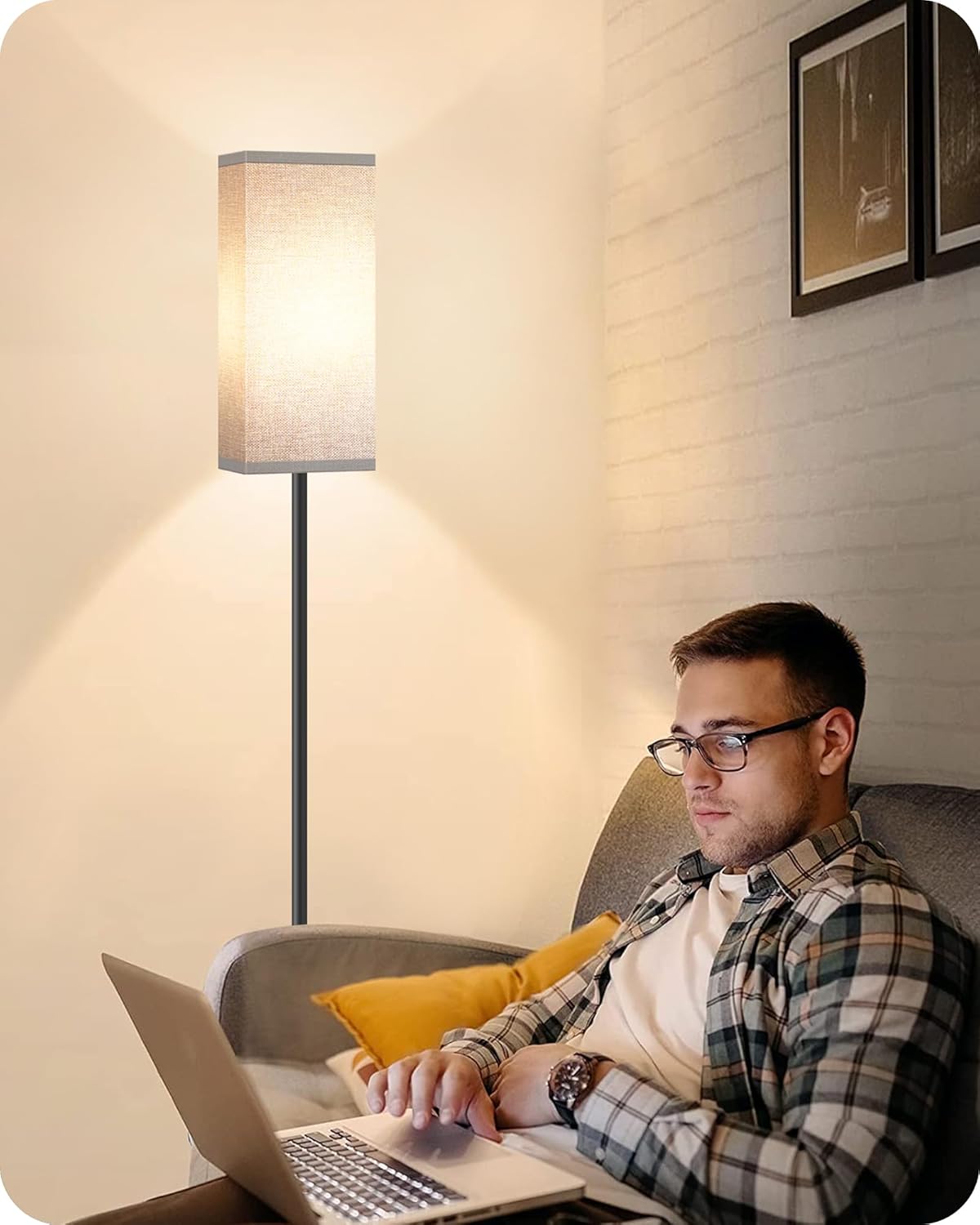 64.6" Floor Lamp, Pole with Foot Switch, Modern Standing Lamp Lampshade, Minimalist Freestanding Lamp (Bulb Not Included), for Living Room, Bedroom Office ETL Listed, Black and Beige E07LD05