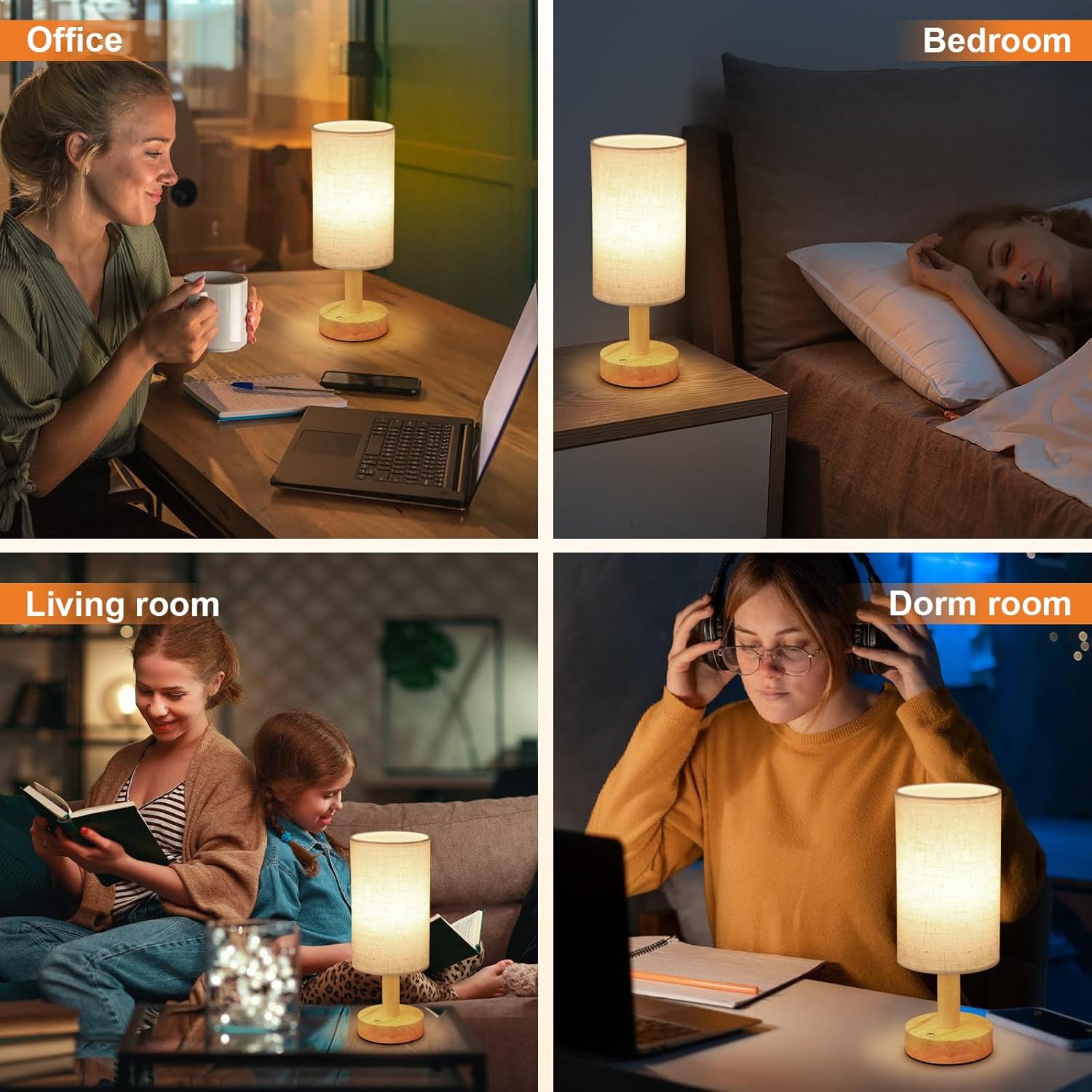 Small Bedside Table Lamp for Bedroom, Minimalist Wood Base & Round Fabric Shade, Mini Cute Cozy Warm White Nightstand Boho Lamp, Study Desk Night Stand Light for Room, Dorm, Nursery, Living Room