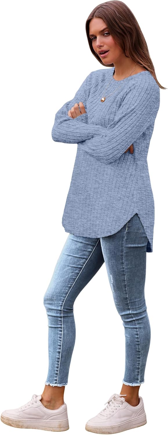 Saloogoe Long Sleeve Shirts for Women 2025 Fall Clothes Tunic Tops Loose Fit Dressy Crewneck Pullover Sweaters Curved Hem