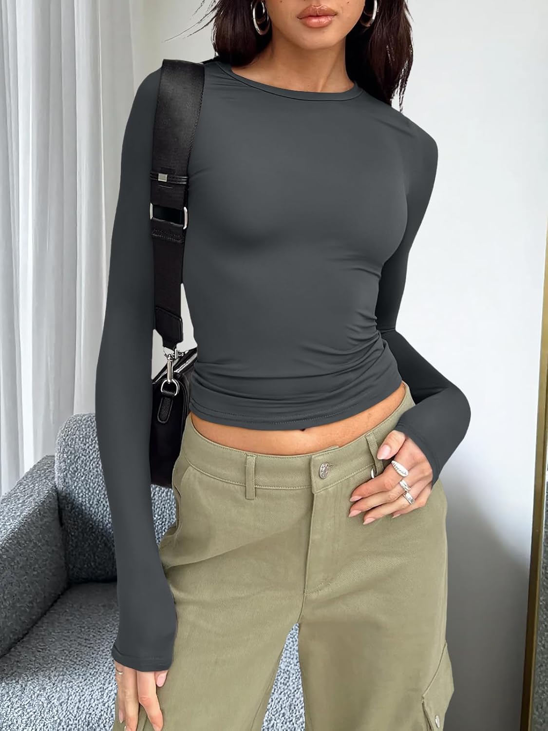 Trendy Queen Womens Long Sleeve T Shirts Fall Fashion 2025 Basic Crop Tops Going Out Outfits Y2k Clothes