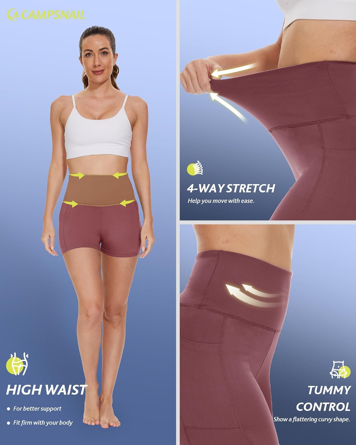 CAMPSNAIL Biker Shorts Women with Pockets - 3"/5"/8" High Waisted Workout Spandex Tummy Control Gym Running Yoga Shorts