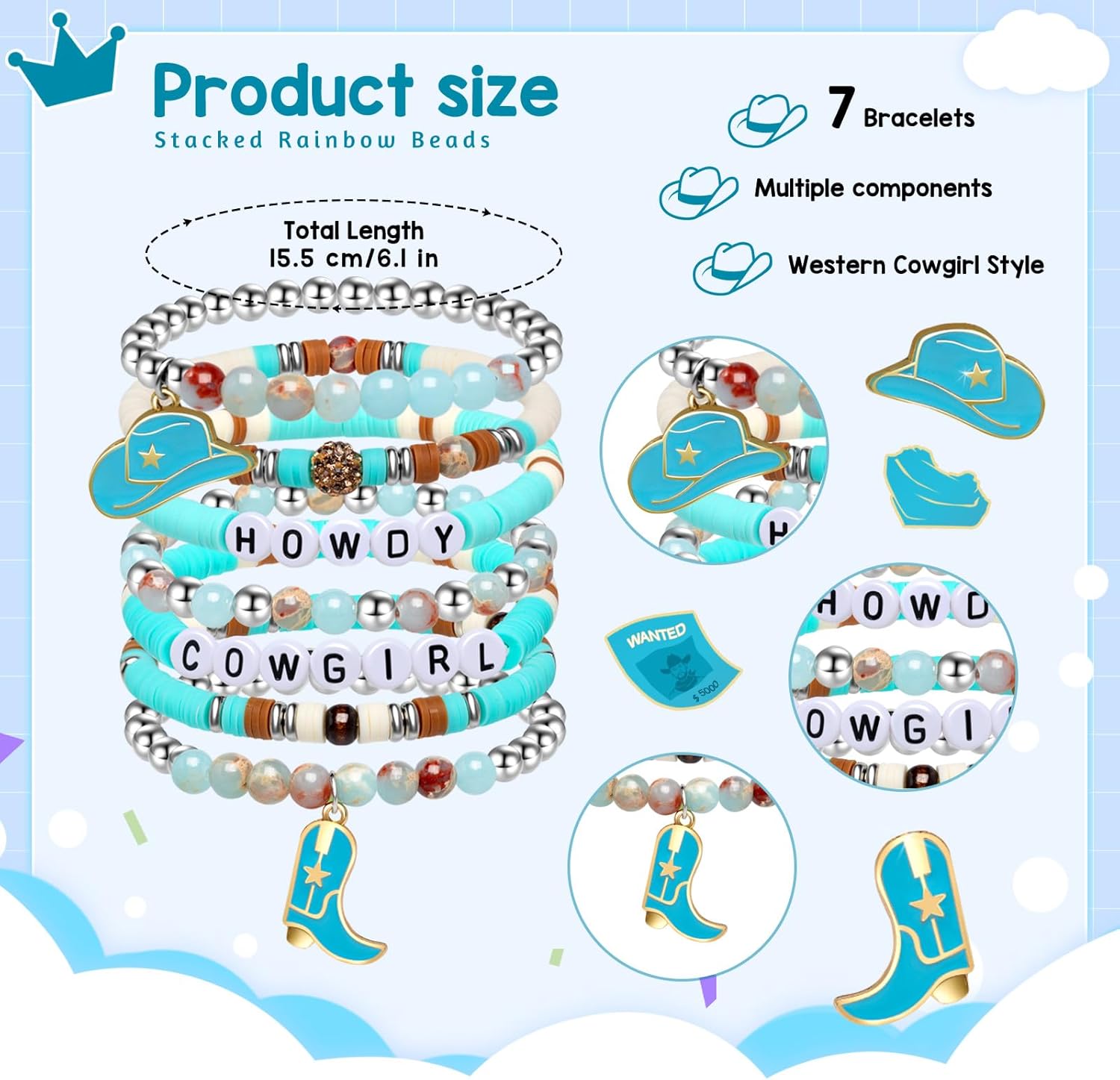 Artlunar Western Cowgirl Beaded Stretch Bracelets, Stackable cowgirl hat boot accessories, Bohemian Jewelry for Women Girls Teens Christmas Birthday Gift