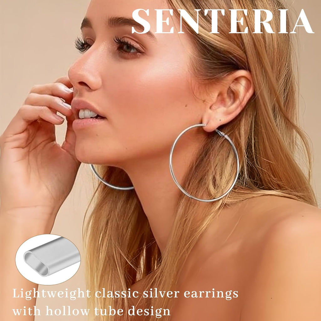 Senteria 2mm Wide 925 Sterling Silver Hoop Earrings for Women Hypoallergenic Lightweight Thin Large Big Gold Plated Hoops Earrings for Women 20/30/50/70MM